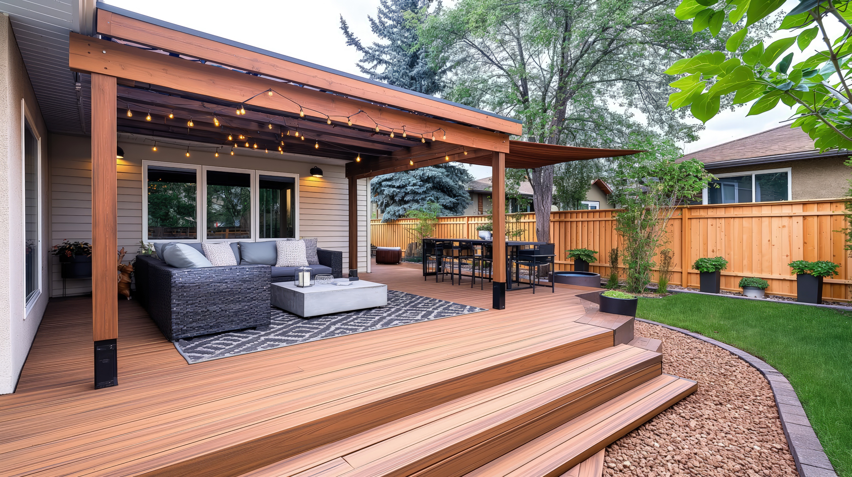 modern wood pergola on deck with outdoor living room furniture 